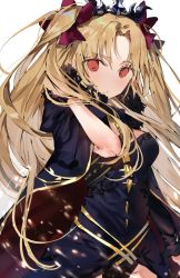 Rule 34 | 1girl, bad id, bad pixiv id, black cape, black leotard, blonde hair, bow, breasts, cape, diadem, ereshkigal (fate), fate/grand order, fate (series), floating hair, hair between eyes, hair bow, hand in own hair, highres, leotard, long hair, looking at viewer, medium breasts, red bow, red eyes, solo, standing, twintails, two side up, very long hair, white background, wrist cuffs, yuuko (030 yuko)