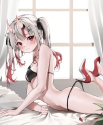 Rule 34 | 1girl, absurdres, bare shoulders, highres, hololive, looking at viewer, lying, medium hair, nakiri ayame, oni horn, red eyes, scarlet (wv0102), smile, solo, twintails, virtual youtuber, white hair