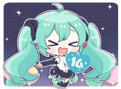 Rule 34 | &gt; &lt;, 1girl, :d, balloon, black gloves, black thighhighs, blush stickers, chibi, closed eyes, commentary, elbow gloves, facing viewer, full body, gloves, green hair, hair between eyes, hatsune miku, hatsune miku (append), heart, long hair, najo, navel, open mouth, partially fingerless gloves, signature, smile, solo, thighhighs, twintails, very long hair, vocaloid, vocaloid append, xd
