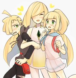 Rule 34 | 1boy, 2girls, arm hug, black pants, blonde hair, blush, brother and sister, closed eyes, creatures (company), dress, family, game freak, gladion (pokemon), green eyes, hair over one eye, hood, hoodie, lillie (pokemon), long hair, long sleeves, lusamine (pokemon), mother and daughter, mother and son, multiple girls, nintendo, open mouth, pants, pokemon, pokemon sm, ponytail, shirt, short dress, short hair, short sleeves, siblings, simple background, siroromo, skirt, torn clothes, torn pants, very long hair, white background, white shirt, white skirt