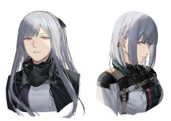 Rule 34 | 2girls, ak-12 (girls&#039; frontline), black bow, blunt bangs, bow, cape, closed mouth, commentary request, girls&#039; frontline, grey hair, hair bow, hair over shoulder, head tilt, headset, highres, long hair, looking at viewer, mask, mask around neck, medium hair, mik blamike, mouth mask, multiple girls, open mouth, parted bangs, parted lips, pink eyes, purple eyes, rpk-16 (girls&#039; frontline), sidelocks, simple background, staring, tactical clothes, teeth, white background