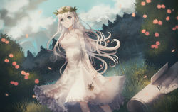 Rule 34 | 1girl, bare arms, bare shoulders, blue eyes, blue sky, breasts, brown flower, chihuri, closed mouth, cloud, cloudy sky, commentary request, day, dress, flower, forest, frilled dress, frills, hair between eyes, highres, holding, holding flower, lake, long hair, looking at viewer, medium breasts, nature, original, outdoors, petals, pink flower, pink rose, rose, rose bush, silver hair, sky, sleeveless, sleeveless dress, solo, standing, tree, very long hair, water, white dress