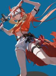 Rule 34 | 1girl, animal ears, arknights, arm strap, blue background, chinese commentary, commentary request, crop top, feet out of frame, flametail (arknights), flametail (sport for all) (arknights), head-mounted display, highres, holding, holding sword, holding weapon, large tail, midriff, navel, orange hair, orange shirt, shirt, short shorts, short sleeves, shorts, simple background, solo, standing, stomach, suspenders, sword, tail, thigh strap, thighs, tied shirt, weapon, white shorts, zhishihua