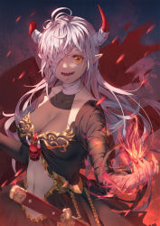 Rule 34 | 1girl, :d, bandages, bandaged arm, bandages, black dress, breasts, broken horn, cleavage, clothing cutout, collarbone, commentary request, covered collarbone, dress, fingernails, fire, grey hair, highres, horns, ji dao ji, long hair, medium breasts, navel, navel cutout, open mouth, orange eyes, original, pointy ears, sharp teeth, sheath, sheathed, smile, solo, sweat, symbol-shaped pupils, teeth, very long hair