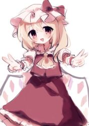 Rule 34 | 1girl, ascot, blonde hair, bow, chicachang, crystal, flandre scarlet, gesture, hat, hat bow, hat ribbon, mob cap, one side up, open mouth, puffy short sleeves, puffy sleeves, red eyes, red skirt, red vest, ribbon, short sleeves, side ponytail, skirt, skirt set, solo, touhou, vest, white hat, wings, yellow ascot