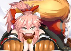 Rule 34 | absurdres, animal ears, animal hands, ass shake, bare shoulders, bell, blush, breasts, cat hair ornament, cat paws, cleavage, collar, detached sleeves, fang, fangs, fate/grand order, fate (series), fox ears, fox tail, gloves, hair ornament, hair ribbon, heart, highres, jingle bell, large breasts, long hair, neck bell, ninoude (ninoude44), open mouth, paw gloves, paw shoes, pink hair, ponytail, red ribbon, ribbon, shoes, tail, tamamo (fate), tamamo cat (fate), tamamo cat (first ascension) (fate), yellow eyes