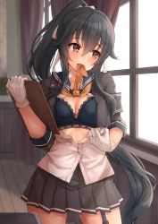 Rule 34 | 1girl, black bra, black hair, blue sailor collar, blush, bra, breasts, brown eyes, cleavage, clipboard, commentary request, curtains, garter straps, gloves, grey skirt, hair between eyes, hair ribbon, highres, holding, holding clipboard, indoors, jewelry, k jie, kantai collection, long hair, medium breasts, mouth hold, neckerchief, open clothes, orange neckerchief, pleated skirt, ponytail, ribbon, ring, sailor collar, sidelocks, skirt, solo, underwear, very long hair, wedding band, white gloves, white ribbon, window, yahagi (kancolle), yahagi kai ni (kancolle)