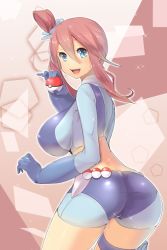 Rule 34 | 10s, 1girl, ass, blue eyes, breasts, clothing cutout, covered erect nipples, creatures (company), from behind, game freak, gloves, gym leader, hair ornament, holding, holding poke ball, huge breasts, magister, midriff, nintendo, open mouth, poke ball, poke ball (basic), pokemon, pokemon bw, red hair, shorts, skyla (pokemon), smile, solo, tail, tail through clothes, thigh strap, topknot