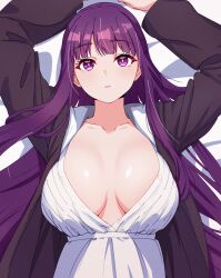 Rule 34 | 1girl, arms up, black coat, breasts, buttons, cleavage, coat, collarbone, dress, fern (sousou no frieren), highres, kamidan, large breasts, long hair, long sleeves, looking at viewer, lying, no bra, on back, on bed, purple eyes, purple hair, solo, sousou no frieren, white dress