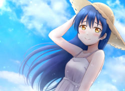 Rule 34 | 1girl, artist name, artist request, blue hair, blue sky, blush, breasts, brown eyes, brown hat, cloud, day, dress, female focus, floating hair, hair between eyes, hat, long hair, looking at viewer, love live!, love live! school idol project, miniskirt, outdoors, parted lips, pink lips, plaid, plaid dress, plaid skirt, pleated, pleated dress, pleated skirt, skirt, sky, sleeveless, sleeveless dress, small breasts, smile, solo, sonoda umi, sun hat, wavy hair, white dress, white skirt, yellow eyes