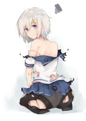 Rule 34 | 10s, 1girl, absurdres, ass, bare shoulders, between legs, black pantyhose, blue eyes, blue skirt, bra, burnt clothes, closed mouth, from behind, hair ornament, hairclip, hamakaze (kancolle), hand between legs, highres, kantai collection, moonlaw, off shoulder, panties, panties under pantyhose, pantyhose, school uniform, serafuku, shirt, short hair, short sleeves, silver hair, sitting, skirt, solo, squiggle, torn clothes, torn pantyhose, torn shirt, torn skirt, underwear, wariza, white panties, white shirt, yellow bra