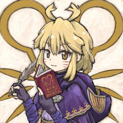 Rule 34 | 1girl, alternate costume, argo the rat, blonde hair, book, brown eyes, closed mouth, facial mark, fingerless gloves, gloves, holding, holding book, holding quill, hood, hood down, looking at viewer, purple gloves, quill, short hair, solo, sword art online, taka mimizuku, upper body, whisker markings
