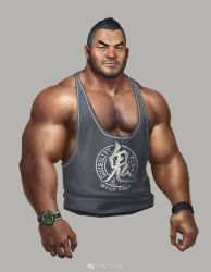 Rule 34 | 1boy, 6suan, arm hair, bara, bare arms, bare shoulders, beard, character request, check character, chest hair, cropped torso, dark skin, dark-skinned male, facial hair, grey tank top, hairy, highres, large pectorals, looking at viewer, pectoral cleavage, male focus, mature male, muscular, muscular male, original, pectorals, realistic, short hair, sidepec, solo, spiked hair, tank top, undercut, watch, wristband, wristwatch