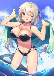 Rule 34 | 1girl, bikini, black bikini, blue sky, cloud, commentary request, day, green eyes, green towel, highres, inflatable toy, inflatable whale, layered bikini, looking at viewer, one eye closed, orca, original, outdoors, ryofuhiko, short hair, silver hair, sky, solo, swimsuit, water