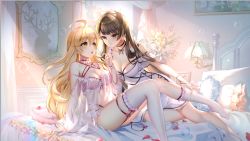 Rule 34 | 2girls, ahoge, arm at side, arm support, arm up, babydoll, bare hips, bare legs, barefoot, bed, bed frame, bed sheet, bedroom, black panties, window blinds, blonde hair, bow, bracelet, breasts, brown hair, bubble, choker, closed mouth, collarbone, deer, dress, eyes visible through hair, flower, framed image, frilled dress, frilled pillow, frills, hair between eyes, hair bow, heart, highres, jewelry, lace, lamp, light blush, light particles, light rays, light smile, lingerie, long hair, looking at another, lying, midriff, multiple girls, navel, neck ribbon, neckwear request, off shoulder, on bed, on side, open mouth, painting (object), panties, petals, pillow, red ribbon, removing legwear, ribbon, see-through, see-through sleeves, sitting, stomach, teasing, thighhighs, toes, underwear, white bow, white dress, white flower, window, wrist ribbon, yellow eyes, yue xiao e, yuri