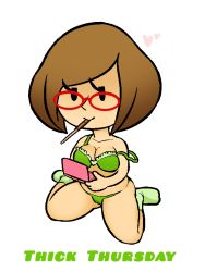 Rule 34 | 1girl, artist request, bra, breasts, brown hair, cleavage, female focus, full body, glasses, handheld game console, nikki (swapnote), nintendo, nintendo 3ds, panties, simple background, solo, swapnote, thick thighs, thighs, underwear, white background
