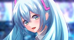 Rule 34 | 1girl, :d, blue eyes, blue hair, blurry, blurry background, blush, hair between eyes, hair ornament, hatsune miku, long hair, looking at viewer, open mouth, portrait, smile, solo, souyoru, twintails, vocaloid, wing collar