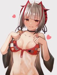 Rule 34 | 1girl, :q, absurdres, alternate costume, arknights, bikini, black choker, black collar, black shirt, breasts, breasts apart, choker, collar, collarbone, commentary request, demon horns, female focus, grey background, grey hair, groin, heart, highres, horns, ki xyoro, looking at viewer, medium breasts, navel, open clothes, open shirt, red bikini, shirt, short hair, simple background, smile, solo, stomach, swimsuit, tongue, tongue out, upper body, w (arknights)