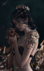 Rule 34 | 1girl, animal, artist name, black hair, blurry, blurry background, bra, cat, chain, chain, crown, depth of field, earrings, ghostblade, gold chain, green eyes, highres, holding, holding animal, jewelry, kitten, lips, long hair, looking at viewer, necklace, nose, one eye closed, patreon username, princess aeolian, sidelighting, solo, strapless, strapless bra, underwear, upper body, wlop