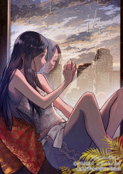 Rule 34 | 1girl, black hair, black shorts, building, camisole, cloud, cloudy sky, feet out of frame, hand up, knees up, leaf, long hair, original, profile, reflection, ribbon, shorts, sky, solo, white camisole, white ribbon, window, yumeko (yumeyana g)
