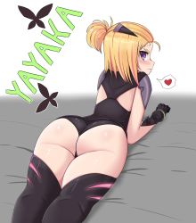 Rule 34 | 1girl, absurdres, ass, black bodysuit, black thighhighs, blonde hair, blush, bodysuit, character name, closed mouth, flip flappers, headgear, heart, highres, looking at viewer, looking back, multicolored hair, purple eyes, red hair, shiny skin, solo, spoken heart, thighhighs, yayaka