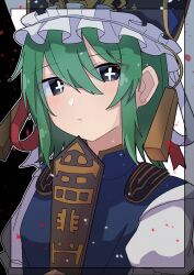 Rule 34 | 1girl, closed mouth, commentary, epaulettes, frilled hat, frills, green eyes, green hair, hat, highres, looking at viewer, rod of remorse, shiki eiki, short hair, solo, touhou, upper body, yuzupon (yuzuponpon)