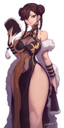 Rule 34 | 1girl, bare shoulders, black dress, bracelet, braid, breasts, brown eyes, brown hair, capcom, china dress, chinese clothes, chun-li, cleavage, commentary, curvy, dress, english commentary, folding fan, hair over one eye, hand fan, highres, holding, holding fan, jewelry, large breasts, liyart, looking at viewer, narrow waist, navel, official alternate costume, side slit, simple background, smile, solo, standing, stomach, street fighter, thick thighs, thighs, twin braids, wide hips