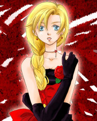 Rule 34 | 1girl, bad id, bad pixiv id, bianca (dq5), blonde hair, blue eyes, braid, dragon quest, dragon quest v, dress, earrings, elbow gloves, flower, gloves, hair over shoulder, jewelry, long hair, masaki k, necklace, red flower, red rose, rose, single braid, solo, square enix