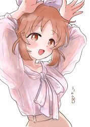Rule 34 | 1girl, abe nana, arms up, blush, breasts, bright pupils, collarbone, highres, idolmaster, idolmaster cinderella girls, katakata115489, looking at viewer, medium breasts, orange hair, rabbit pose, shirt tucked in, simple background, smile, solo, upper body, white background
