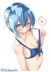 Rule 34 | 1girl, bikini, bikini top only, blue bikini, blue eyes, blue hair, blush, breasts, closed mouth, commentary request, ebifurya, from above, hair between eyes, heart, highres, kantai collection, looking at viewer, minazuki (kancolle), one eye closed, short hair with long locks, simple background, small breasts, smile, solo, spoken heart, swimsuit, white background