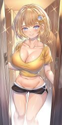 Rule 34 | 1girl, absurdres, black shorts, blonde hair, blue eyes, bob cut, breasts, hair ornament, highres, hololive, hololive english, honkivampy, large breasts, looking at viewer, mole, mole on breast, shirt, short hair, shorts, smile, solo, t-shirt, virtual youtuber, watson amelia, yellow shirt