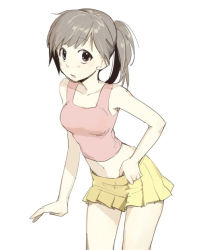 Rule 34 | 1girl, adjusting clothes, adjusting skirt, breasts, brown hair, commentary request, kawai makoto, leaning forward, looking at viewer, medium breasts, midriff, miniskirt, muted color, navel, original, pink shirt, pleated skirt, ponytail, shirt, short hair, simple background, skirt, solo, tank top, white background, yellow skirt