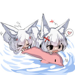 Rule 34 | &gt; &lt;, 2girls, :d, animal ear fluff, animal ears, braid, chibi, closed eyes, commentary request, fang, flying sweatdrops, fox ears, fox girl, fox tail, hair between eyes, hair ornament, hair over one eye, heart, highres, inflatable dolphin, inflatable toy, multiple girls, open mouth, original, simple background, smile, spoken heart, tail, water, white background, white hair, x hair ornament, yuuji (yukimimi)