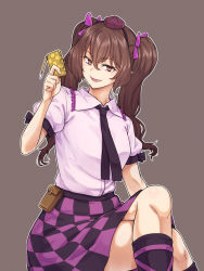 Rule 34 | 1girl, breasts, brown eyes, brown hair, checkered clothes, checkered skirt, feet out of frame, grey background, hat, highres, himekaidou hatate, holding, holding phone, kakone, long hair, looking at viewer, medium breasts, open mouth, outline, phone, shirt, simple background, skirt, smile, solo, tokin hat, touhou, twintails, very long hair, white outline, white shirt