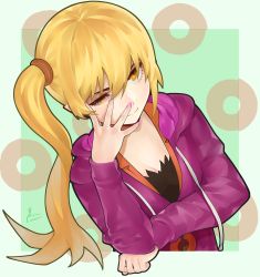Rule 34 | 1girl, absurdres, blonde hair, border, breasts, cleavage, closed mouth, doughnut, food, green background, hand on own face, highres, hood, hooded track jacket, hoodie, jacket, looking to the side, monogatari (series), nail, nail polish, oshino shinobu, piancaesar, pink nails, pointy ears, purple hoodie, side ponytail, signature, simple background, smile, solo, track jacket, upper body, white border, yellow eyes
