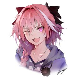 Rule 34 | 1boy, ;d, absurdres, astolfo (fate), bad id, bad pixiv id, black bow, black ribbon, bow, braid, collarbone, commentary, english commentary, erospanda, fang, fate/apocrypha, fate (series), hair between eyes, hair bow, hair intakes, hair over shoulder, hair ribbon, head tilt, highres, hood, hood down, hoodie, long hair, looking at viewer, male focus, multicolored hair, official alternate costume, one eye closed, open clothes, open hoodie, open mouth, pink eyes, pink hair, pom pom (clothes), portrait, purple hoodie, purple shirt, revision, ribbon, shirt, sidelocks, signature, simple background, single braid, skin fang, smile, solo, streaked hair, striped clothes, striped shirt, trap, tsurime, white background, white shirt, zipper