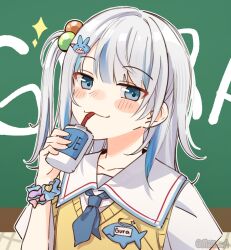 Rule 34 | 1girl, blue eyes, blue hair, blue necktie, blush, blush stickers, chalkboard, character name, drink, drinking, drinking straw, gawr gura, gawr gura (school uniform), highres, holding, holding drink, hololive, hololive english, looking at viewer, medium hair, mittsu, multicolored hair, necktie, sailor collar, short sleeves, side ponytail, smile, smug, solo, star (symbol), streaked hair, sweater vest, upper body, vest, virtual youtuber, white hair, yellow vest