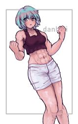 Rule 34 | 1girl, abs, absurdres, artist name, blue eyes, blue hair, blush, clenched hand, collarbone, crop top, danboii, highres, looking at viewer, muscular, muscular female, navel, open mouth, sei asagiri, short hair, shorts, simple background, sweat, tank top, va-11 hall-a
