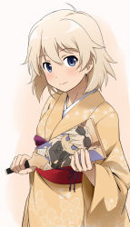 Rule 34 | 1girl, blonde hair, blue eyes, blush, floral print, furisode, hagoita, hanetsuki, hanna-justina marseille, japanese clothes, kimono, looking at viewer, new year, obi, paddle, raisa pottgen, sash, shiny skin, short hair, simple background, smile, solo, strike witches, witches of africa, world witches series, youkan, yukata