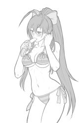 Rule 34 | 1girl, antenna hair, banana, bikini, blazblue, blazblue remix heart, blush, bow, breasts, cleavage, covered erect nipples, cowboy shot, eating, food, fruit, genderswap, genderswap (mtf), greyscale, hair between eyes, hair bow, hand in own hair, highres, large breasts, long hair, looking down, mai natsume, monochrome, navel, open mouth, phallic symbol, ponytail, reptileye, ribbon, saliva, sexually suggestive, side-tie bikini bottom, sidelocks, simple background, solo, standing, stomach, striped bikini, striped clothes, swimsuit, very long hair, white background