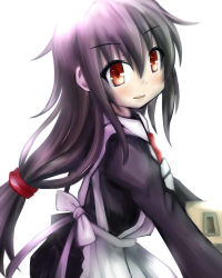 Rule 34 | 10s, 1girl, apron, black hair, blazer, blush, hatsushimo (kancolle), jacket, kantai collection, lens flare, long hair, long sleeves, looking at viewer, low-tied long hair, red eyes, sanari (quarter iceshop), school uniform, simple background, solo, white background