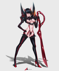 Rule 34 | 10s, 1girl, armor, astdevir, bad id, bad pixiv id, black hair, boots, breasts, garter straps, gloves, hair ornament, hand on own hip, high heel boots, high heels, highres, kill la kill, lipstick, long legs, looking at viewer, makeup, matoi ryuuko, multicolored hair, navel, pauldrons, red hair, senketsu, shadow, short hair, shoulder armor, simple background, skin tight, skinny, solo, thigh boots, thighhighs, underboob, weapon