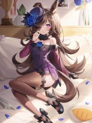 Rule 34 | 1girl, absurdres, animal ears, bed, black hair, commentary request, flower, hair over one eye, hat, highres, horse ears, long bangs, long hair, looking at viewer, petals, pillow, ppeach, purple eyes, rice shower (umamusume), rose, solo, thighhighs, trophy, umamusume