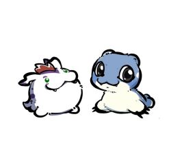 :3 black_eyes blue_fur body_fur creatures_(company) digimon digimon_(creature) fangs game_freak gen_3_pokemon gomamon mohawk nintendo pokemon pokemon_(creature) red_hair simple_background spheal white_background white_fur youzaiyouzai112