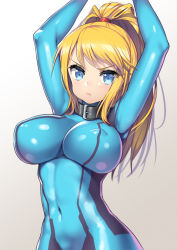 Rule 34 | &gt;:&lt;, 1girl, :&lt;, arms up, blonde hair, blue eyes, blush, bodysuit, breasts, closed mouth, collar, covered erect nipples, covered navel, groin, large breasts, long hair, looking at viewer, metroid, nagase haruhito, nintendo, ponytail, samus aran, simple background, skin tight, solo, v-shaped eyebrows, zero suit