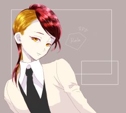 Rule 34 | 1other, androgynous, asymmetrical hair, blonde hair, character name, colored eyelashes, crystal hair, gem uniform (houseki no kuni), houseki no kuni, lab coat, looking at viewer, multicolored hair, necktie, red hair, rutile (houseki no kuni), short hair, smile, solo, two-tone hair, upper body, yellow eyes