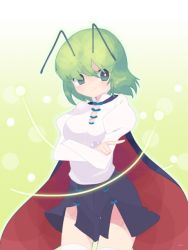 Rule 34 | 1girl, antennae, arms under breasts, black cape, black shorts, blouse, blush, breasts, cape, closed mouth, collared shirt, commentary request, cowboy shot, green eyes, green hair, hair between eyes, juliet sleeves, kari (atsuki 565), long sleeves, looking at viewer, medium breasts, puffy sleeves, red cape, shirt, short hair, shorts, smile, solo, touhou, two-sided cape, two-sided fabric, white shirt, wriggle nightbug
