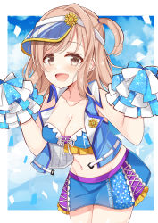 Rule 34 | 1girl, :d, amidada, bare arms, bare shoulders, bikini, blue bikini, blue skirt, blue sky, blue vest, blush, breasts, brown eyes, character name, cleavage, cloud, cloudy sky, day, flower, hair intakes, hands up, highres, holding, idolmaster, idolmaster shiny colors, light brown hair, long hair, looking at viewer, medium breasts, navel, one side up, open clothes, open mouth, open vest, pom pom (cheerleading), sakuragi mano, see-through, skirt, sky, smile, solo, sunflower, swept bangs, swimsuit, vest, visor cap, yellow flower