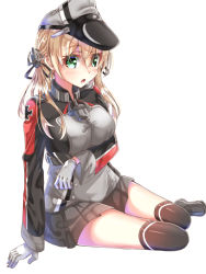 Rule 34 | 10s, 1girl, :o, anchor choker, anchor hair ornament, arm support, bad id, bad pixiv id, black footwear, black skirt, black thighhighs, blonde hair, blush, breast hold, breasts, buttons, choker, cross, full body, gloves, green eyes, grey hat, hair between eyes, hair ornament, hat, hiiragi kifuyu, iron cross, kantai collection, large breasts, long sleeves, military, military uniform, miniskirt, open mouth, over-kneehighs, peaked cap, prinz eugen (kancolle), shoes, short hair, short twintails, simple background, sitting, skirt, solo, tareme, thighhighs, twintails, uniform, white background, white gloves, yokozuwari, zettai ryouiki