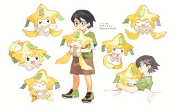 Rule 34 | 1boy, black hair, brown shorts, closed eyes, closed mouth, commentary request, creatures (company), game freak, gen 3 pokemon, glasses, green footwear, highres, holding, holding pokemon, hug, jirachi, legendary pokemon, lying, male focus, max (pokemon), multiple views, mythical pokemon, newo (shinra-p), nintendo, on side, pokemon, pokemon: jirachi: wish maker, pokemon (anime), pokemon (creature), pokemon rse (anime), shoes, short hair, short sleeves, shorts, simple background, sleeping, smile, standing, translation request, under covers, white background